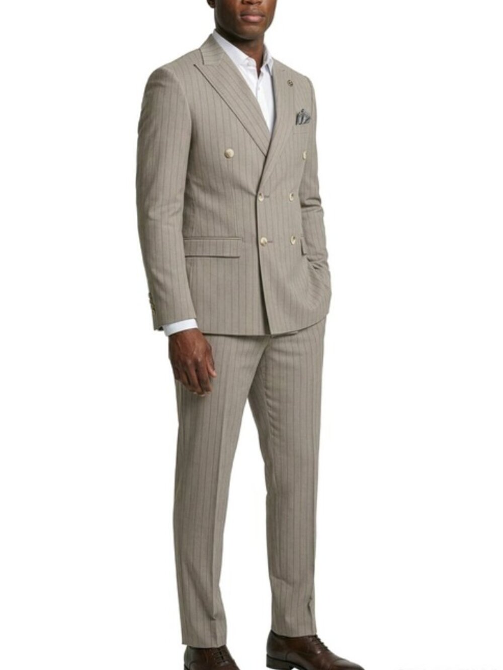 Tan Pinstripe Double Breasted Peak Lapel Stacy Adams Men Suit